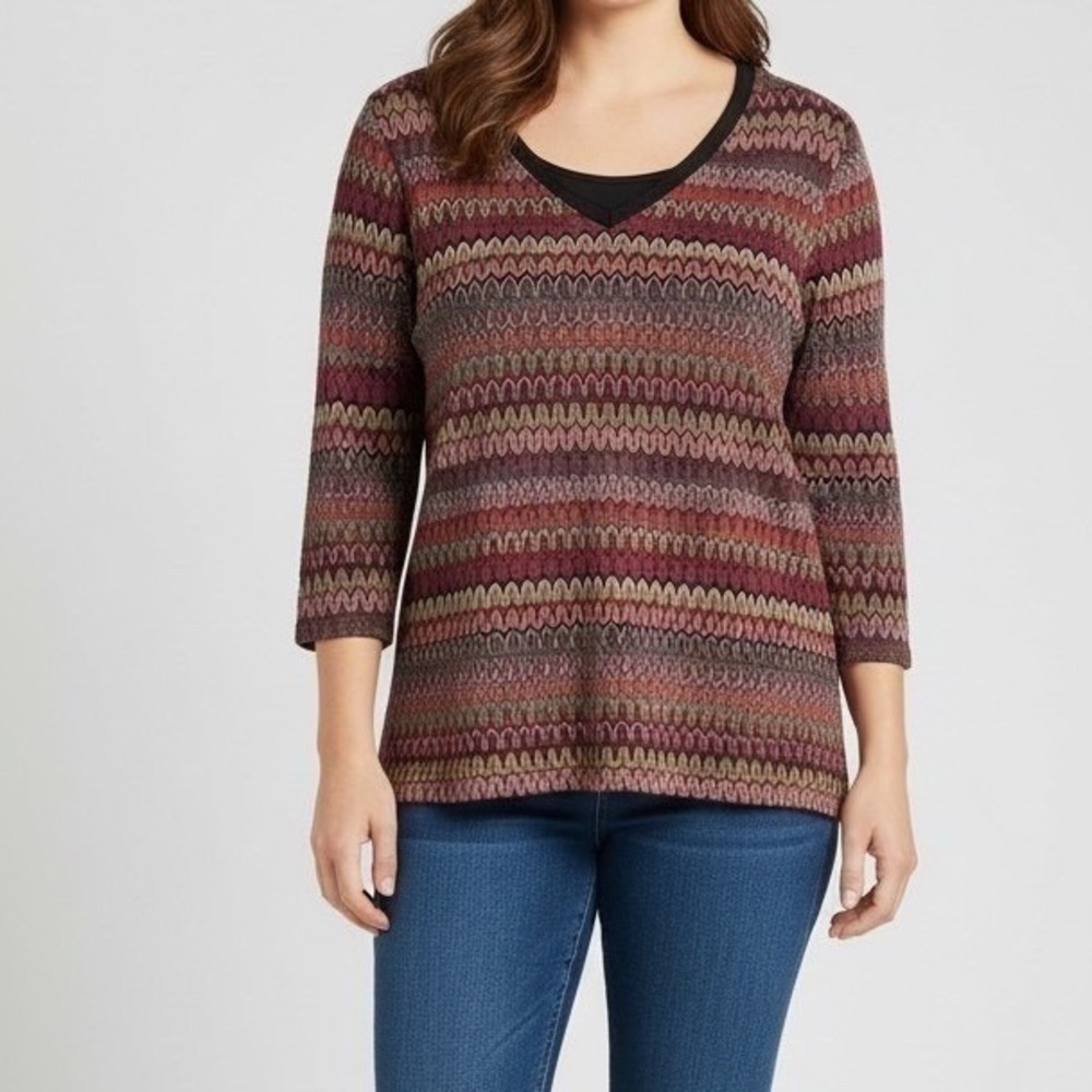 Roz & Ali Women 2X Multi-Color Chevron Zig Zag Metallic 3/4 Sleeve V-Neck Blouse